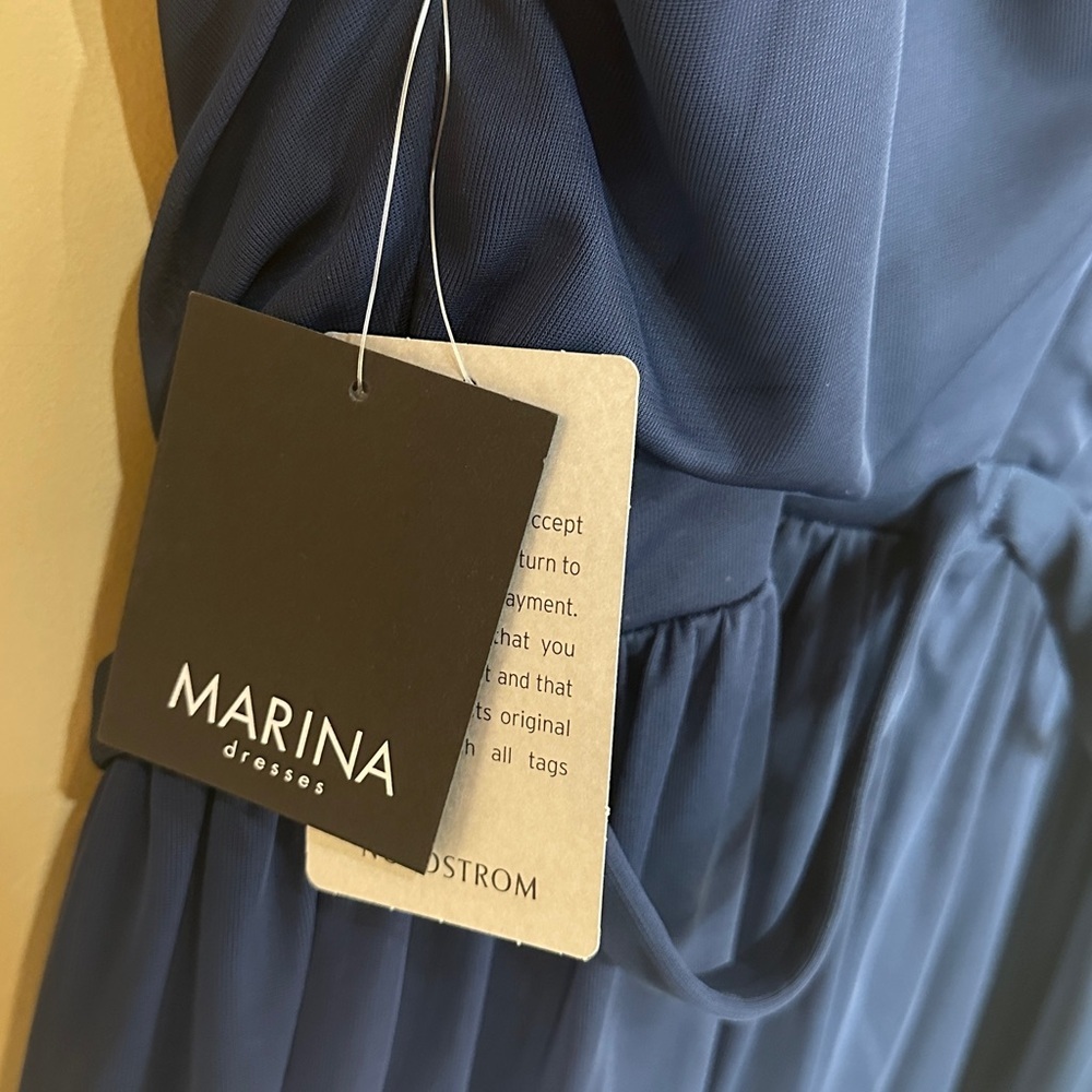 NWT Marina cocktail dress Blue Rhinestone detail belt sheer overlay Sz 16 - Picture 11 of 12